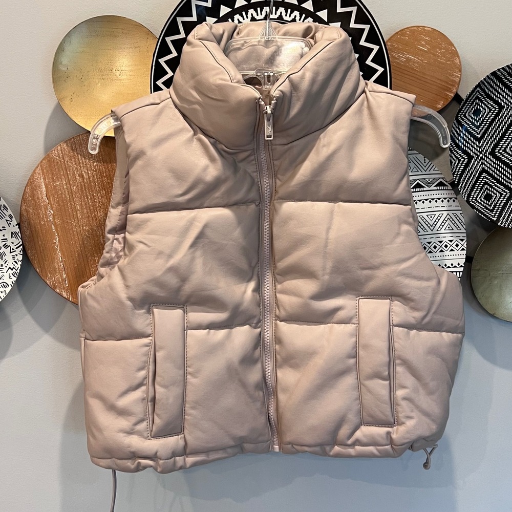 Hollister Women Taupe Faux Leather Puffer Vest Cropped Zip Up Stand Collar XS